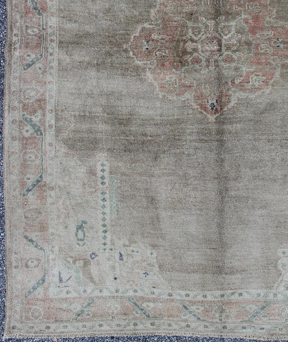 Square shape and Lightly Colored Vintage Turkish Oushak Rug with Medallion Geometric Border. Square shape and Lightly Colored Vintage Turkish Oushak Rug with Medallion Geometric Border. Keivan Woven Arts/ rug TU - IHS - 123263, country of origin /... - Keivan Woven ArtsTU - IHS - 123263 - 3634Rug