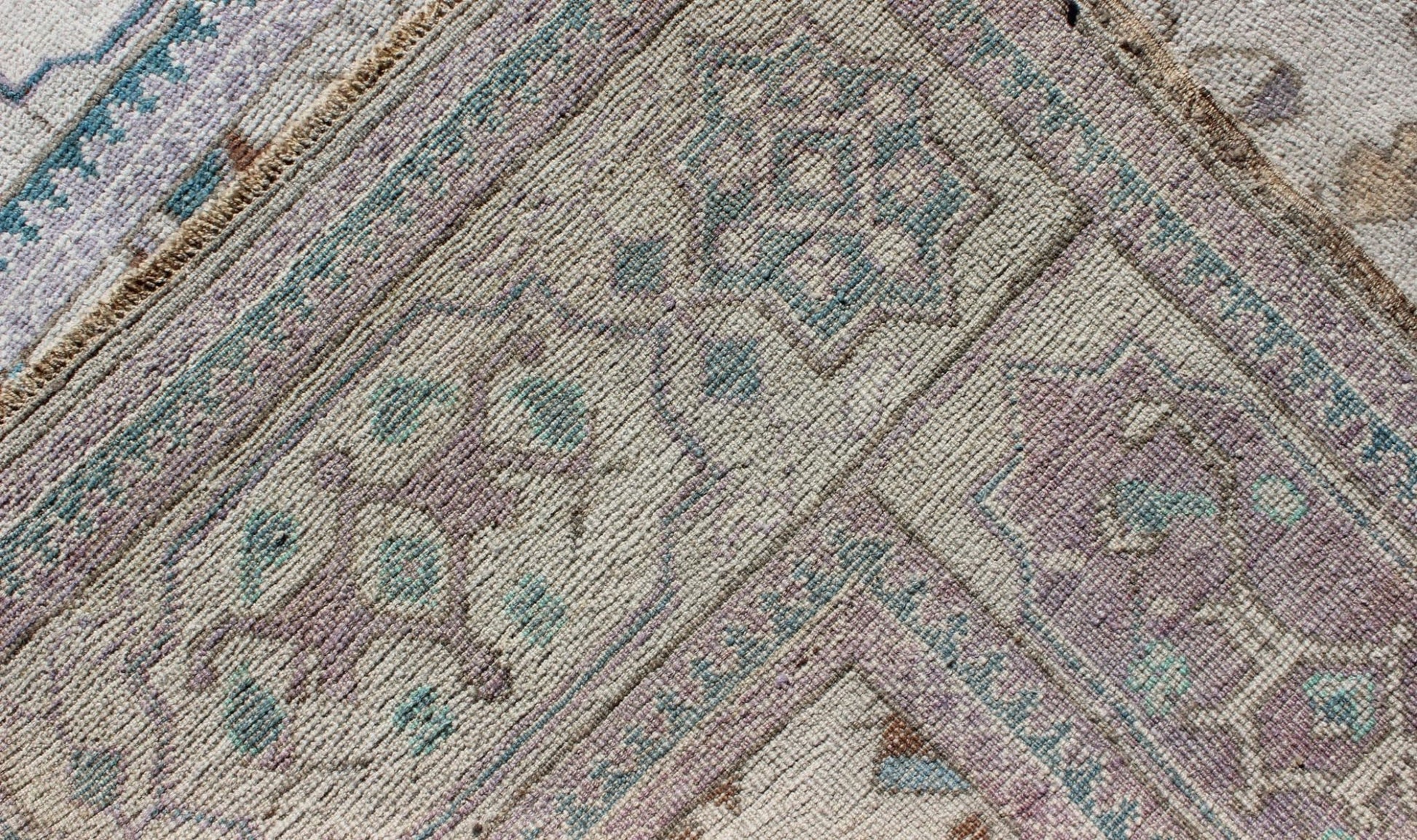 Vintage All - Over Floral Turkish Oushak Area Rug in Cream, Blue, Lilac and Red Measures: 4'4 x 8 This vintage Turkish Oushak carpet (circa mid - 20th century) features an all - over design of sub - geometric floral motifs atop of a creamy backgr... - Keivan Woven ArtsTU - IHS - 123347 - 3638Rug