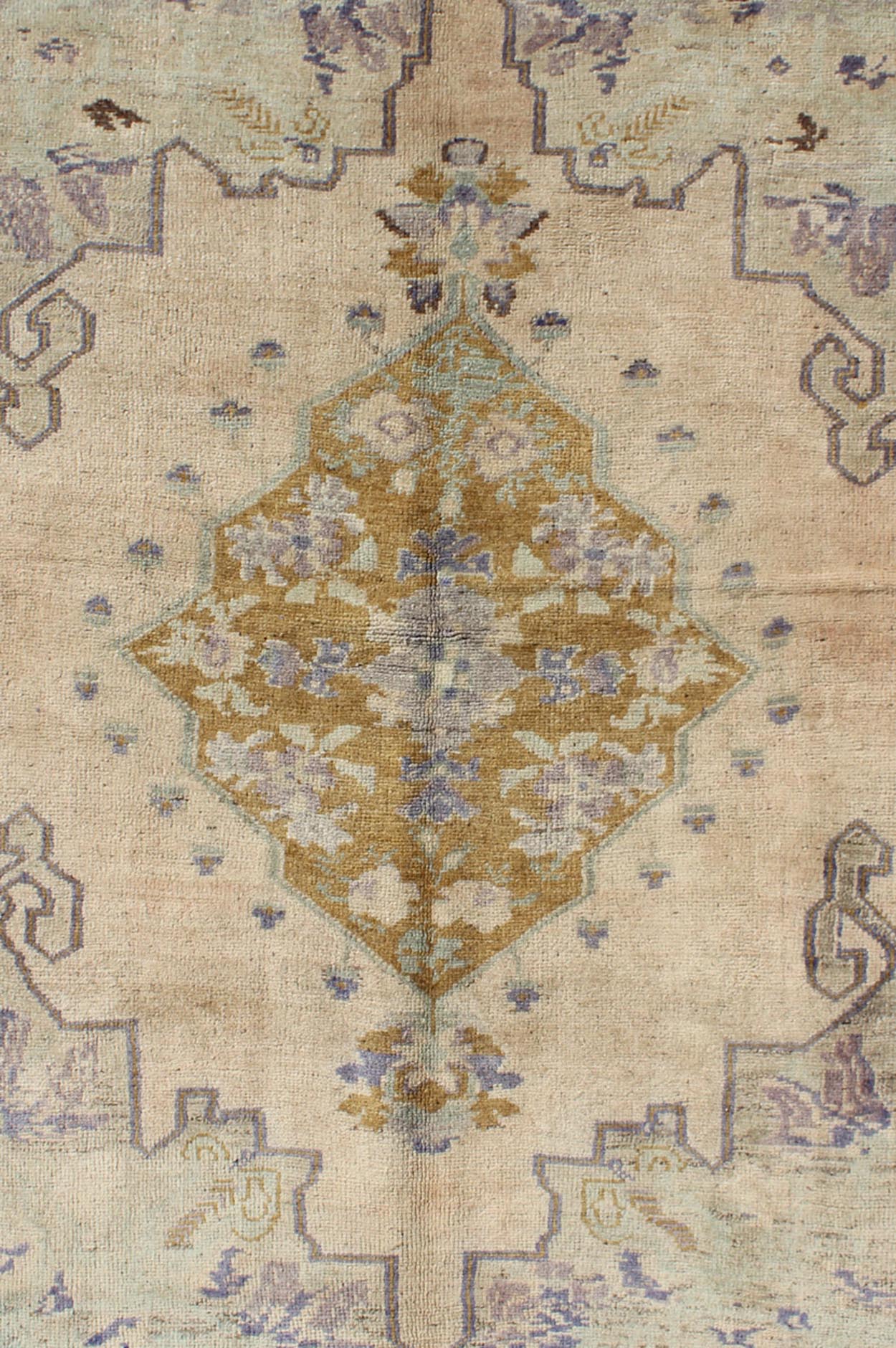 Classic Medallion Oushak Vintage Rug in Taupe, Purple, Cream, and Green This soft and cheerful Oushak carpet proudly displays a unique color combination in any carpet. On the center of this rug lays a central medallion of rich gold color. T... - Keivan Woven ArtsTU - IHS - 123408 - 3644Rug