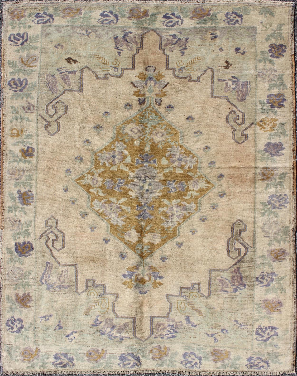 Classic Medallion Oushak Vintage Rug in Taupe, Purple, Cream, and Green This soft and cheerful Oushak carpet proudly displays a unique color combination in any carpet. On the center of this rug lays a central medallion of rich gold color. T... - Keivan Woven ArtsTU - IHS - 123408 - 3644Rug
