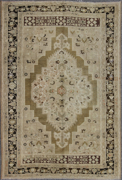 Large Vintage Floral Medallion Oushak Area Rug in Taupe, Tan, Dark Brown Measures: 8'0 x 11'0 This vintage Turkish Oushak carpet (circa mid - 20th century) features a central, multi - layered medallion design, as well as patterns of smaller ... - Keivan Woven ArtsTU - IHS - 123849 - 4558Rug