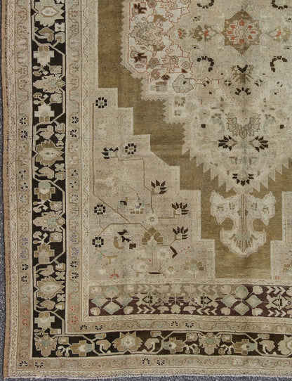 Large Vintage Floral Medallion Oushak Area Rug in Taupe, Tan, Dark Brown Measures: 8'0 x 11'0 This vintage Turkish Oushak carpet (circa mid - 20th century) features a central, multi - layered medallion design, as well as patterns of smaller ... - Keivan Woven ArtsTU - IHS - 123849 - 4558Rug