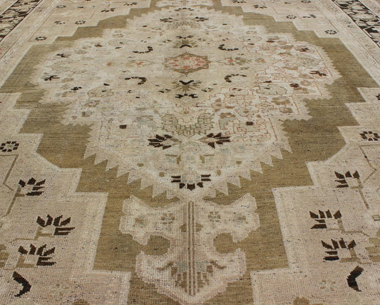 Large Vintage Floral Medallion Oushak Area Rug in Taupe, Tan, Dark Brown Measures: 8'0 x 11'0 This vintage Turkish Oushak carpet (circa mid - 20th century) features a central, multi - layered medallion design, as well as patterns of smaller ... - Keivan Woven ArtsTU - IHS - 123849 - 4558Rug