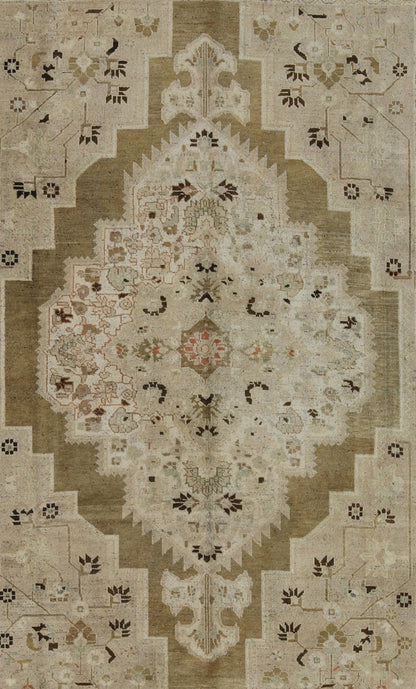 Large Vintage Floral Medallion Oushak Area Rug in Taupe, Tan, Dark Brown Measures: 8'0 x 11'0 This vintage Turkish Oushak carpet (circa mid - 20th century) features a central, multi - layered medallion design, as well as patterns of smaller ... - Keivan Woven ArtsTU - IHS - 123849 - 4558Rug