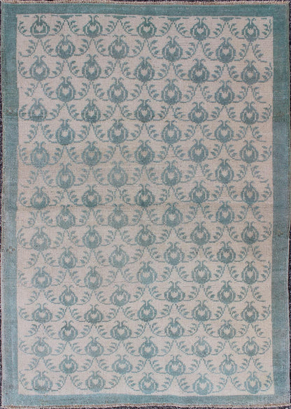 Vintage Turkish Oushak Rug With All - Over Design in Light Blue and Cream Ivory background vintage Turkish Oushak rug with all - over design in light blue, Keivan Woven Arts / rug ihs - 95155, country of origin type: Turkey Oushak, circa mid - 20th cent... - Keivan Woven ArtsTU - IHS - 95155 - 4550Rug