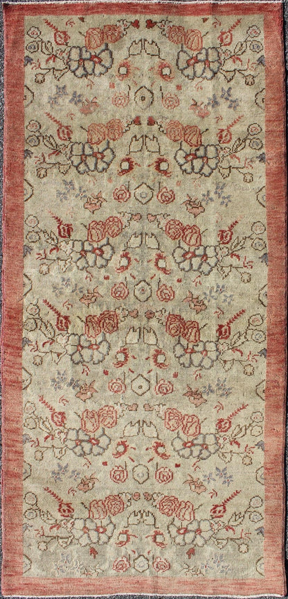 Turkish Oushak Vintage Rug with All - Over Floral Design in Cream and Salmon Pink Turkish Oushak vintage rug with all - over floral design in cream and salmon pink, rug TU - ISA - 1, country of origin / type: Turkey / Oushak, circa mid - 20th century ... - Keivan Woven ArtsTU - ISA - 1 - 2894Rug