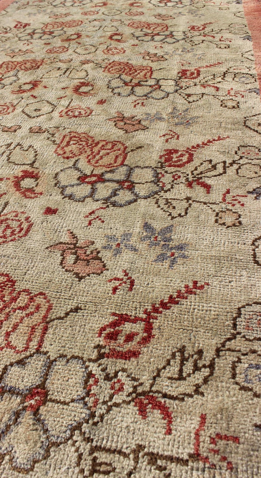 Turkish Oushak Vintage Rug with All - Over Floral Design in Cream and Salmon Pink Turkish Oushak vintage rug with all - over floral design in cream and salmon pink, rug TU - ISA - 1, country of origin / type: Turkey / Oushak, circa mid - 20th century ... - Keivan Woven ArtsTU - ISA - 1 - 2894Rug