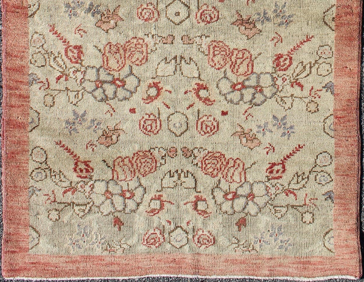 Turkish Oushak Vintage Rug with All - Over Floral Design in Cream and Salmon Pink Turkish Oushak vintage rug with all - over floral design in cream and salmon pink, rug TU - ISA - 1, country of origin / type: Turkey / Oushak, circa mid - 20th century ... - Keivan Woven ArtsTU - ISA - 1 - 2894Rug