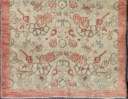 Turkish Oushak Vintage Rug with All - Over Floral Design in Cream and Salmon Pink Turkish Oushak vintage rug with all - over floral design in cream and salmon pink, rug TU - ISA - 1, country of origin / type: Turkey / Oushak, circa mid - 20th century ... - Keivan Woven ArtsTU - ISA - 1 - 2894Rug