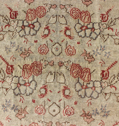 Turkish Oushak Vintage Rug with All - Over Floral Design in Cream and Salmon Pink Turkish Oushak vintage rug with all - over floral design in cream and salmon pink, rug TU - ISA - 1, country of origin / type: Turkey / Oushak, circa mid - 20th century ... - Keivan Woven ArtsTU - ISA - 1 - 2894Rug