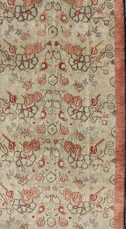 Turkish Oushak Vintage Rug with All - Over Floral Design in Cream and Salmon Pink Turkish Oushak vintage rug with all - over floral design in cream and salmon pink, rug TU - ISA - 1, country of origin / type: Turkey / Oushak, circa mid - 20th century ... - Keivan Woven ArtsTU - ISA - 1 - 2894Rug