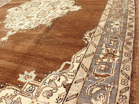 Vintage Turkish Oushak Rug with Floral Motifs in Chocolate Brown, Ivory, Taupe: This beautiful rug from early 20th century Turkey features a Classic Oushak design, which is enhanced by lustrous wool. The chocolate - brown ground is home to the centre med... - Keivan Woven ArtsTU - ISA - 136544 - 5241