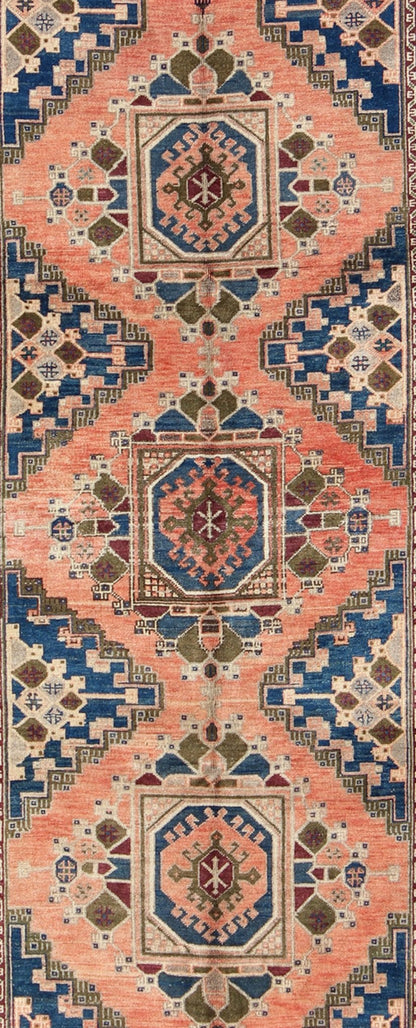 Vintage Oushak Rug from Turkey with Medallions in Salmon Pink and Blue kwarugs Vintage Oushak rug from Turkey with Medallions in salmon pink and blue, rug isa - 3361, country of origin / type: Turkey / Oushak, circa mid - 20th century This be... - Keivan Woven ArtsTU - ISA - 3361 - 5736Rug
