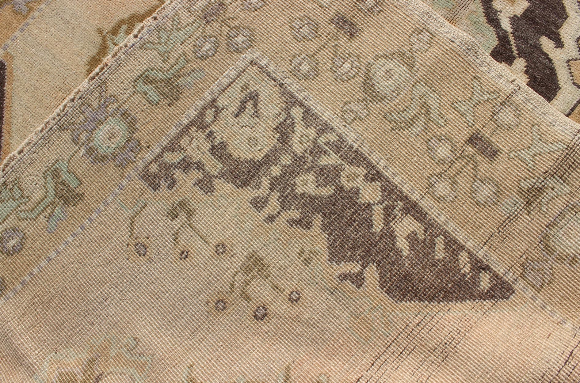 Vintage Turkish Oushak Gallery Rug with Two Medallions in Taupe, Brown and Cream Measures: 4'11 x 10'4. This beautiful vintage Oushak gallery rug from mid - 20th century Turkey features a Classic Oushak design. The faint sand ground is ho... - Keivan Woven ArtsTU - ISA - 3363 - 5744Rug