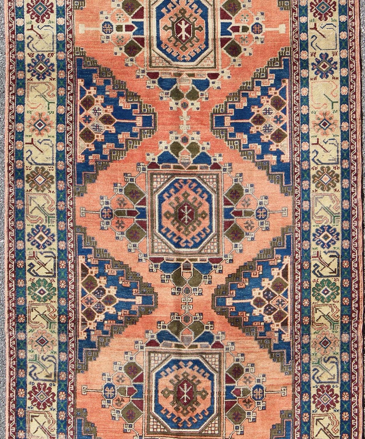 Gallery Turkish Oushak Rug with Tribal Medallions in Salmon Pink and Royal Blue, rug isa - 3398, country of origin / type: Turkey / Oushak, circa mid - 20th century This beautiful vintage Oushak gallaery rug from mid - 20th century Turkey features a C... - Keivan Woven ArtsTU - ISA - 3398 - 5754Rug