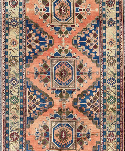 Gallery Turkish Oushak Rug with Tribal Medallions in Salmon Pink and Royal Blue, rug isa - 3398, country of origin / type: Turkey / Oushak, circa mid - 20th century This beautiful vintage Oushak gallaery rug from mid - 20th century Turkey features a C... - Keivan Woven ArtsTU - ISA - 3398 - 5754Rug