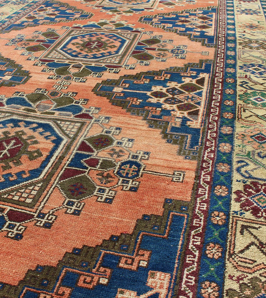 Gallery Turkish Oushak Rug with Tribal Medallions in Salmon Pink and Royal Blue, rug isa - 3398, country of origin / type: Turkey / Oushak, circa mid - 20th century This beautiful vintage Oushak gallaery rug from mid - 20th century Turkey features a C... - Keivan Woven ArtsTU - ISA - 3398 - 5754Rug