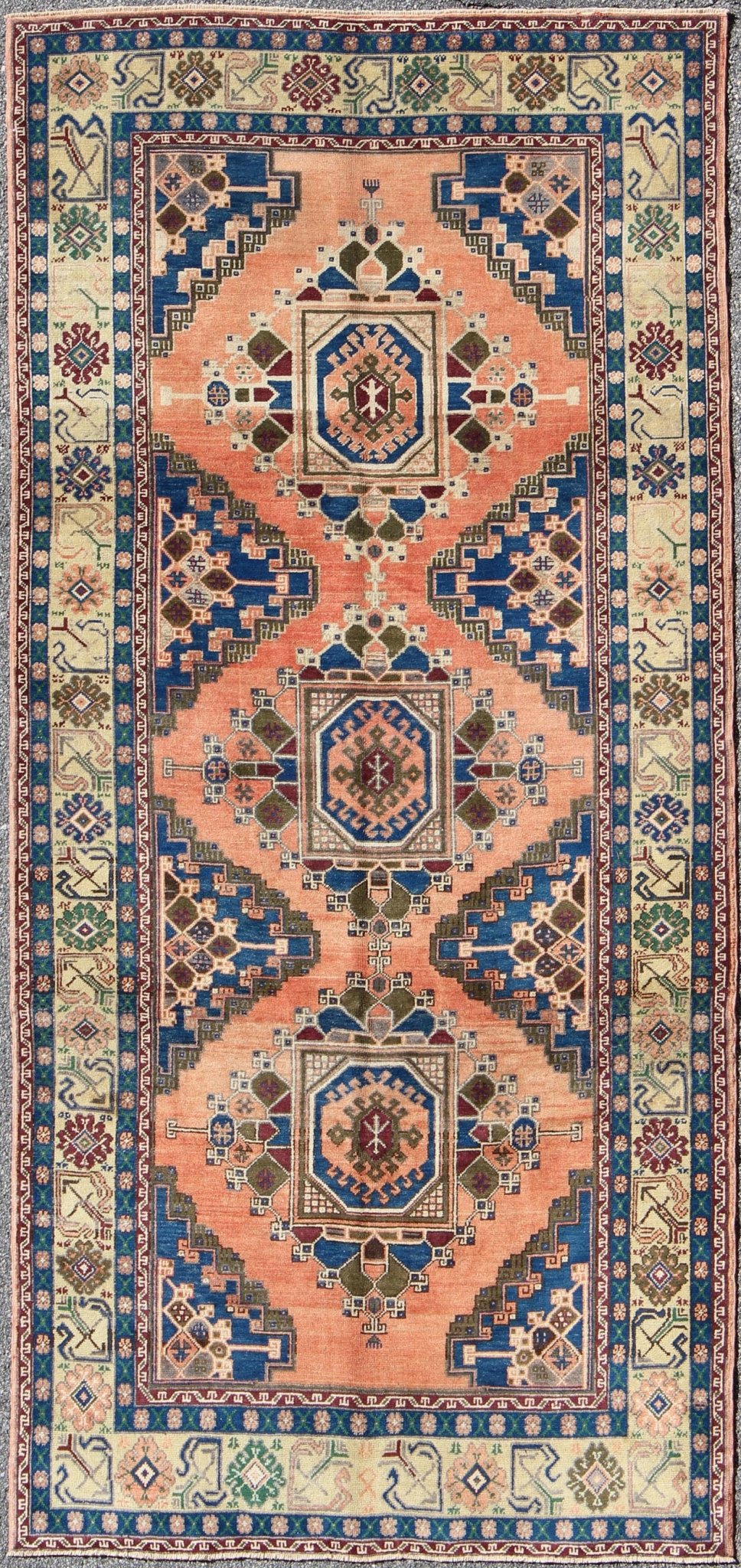 Gallery Turkish Oushak Rug with Tribal Medallions in Salmon Pink and Royal Blue, rug isa - 3398, country of origin / type: Turkey / Oushak, circa mid - 20th century This beautiful vintage Oushak gallaery rug from mid - 20th century Turkey features a C... - Keivan Woven ArtsTU - ISA - 3398 - 5754Rug