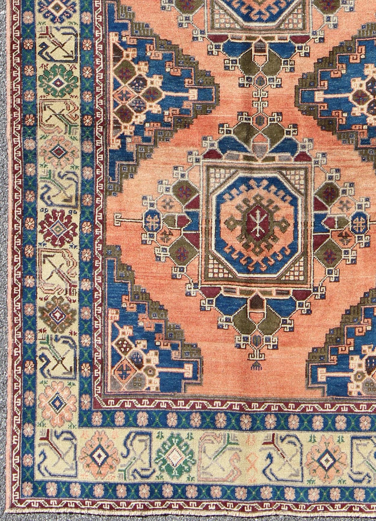 Gallery Turkish Oushak Rug with Tribal Medallions in Salmon Pink and Royal Blue, rug isa - 3398, country of origin / type: Turkey / Oushak, circa mid - 20th century This beautiful vintage Oushak gallaery rug from mid - 20th century Turkey features a C... - Keivan Woven ArtsTU - ISA - 3398 - 5754Rug