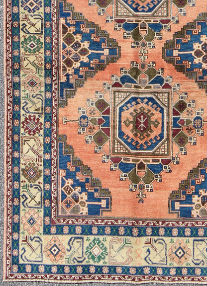 Gallery Turkish Oushak Rug with Tribal Medallions in Salmon Pink and Royal Blue, rug isa - 3398, country of origin / type: Turkey / Oushak, circa mid - 20th century This beautiful vintage Oushak gallaery rug from mid - 20th century Turkey features a C... - Keivan Woven ArtsTU - ISA - 3398 - 5754Rug