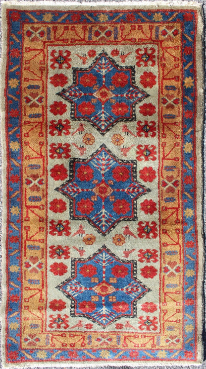 Vintage Turkish Rug with Star Design in light Green, Orange, Red & Blue. Mid century Turkish rug with very fine wool and in excellent condition, Keivan Woven Arts rug/TU - MEV - 3350. This colorful vintage Turkish carpet from the mid 20th century f... - Keivan Woven ArtsTU - MEV - 3350 - 5758Rug