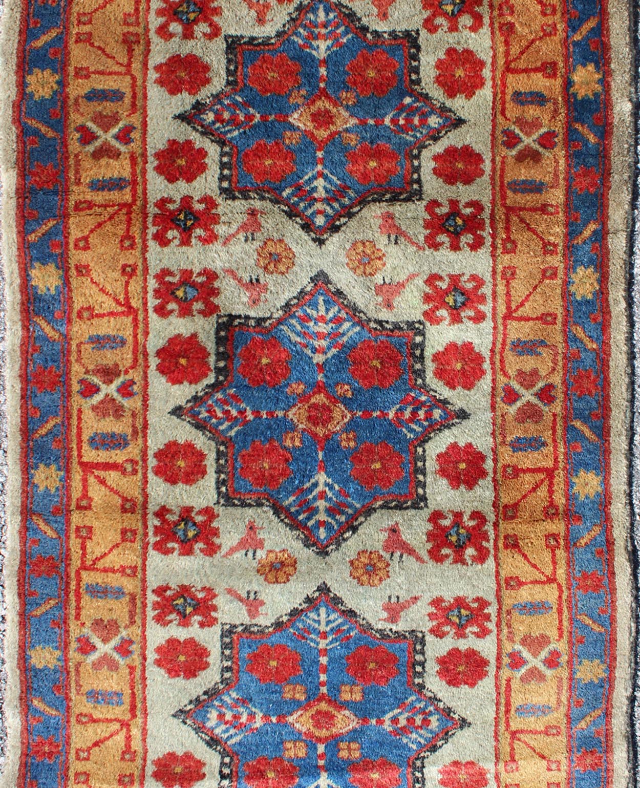 Vintage Turkish Rug with Star Design in light Green, Orange, Red & Blue. Mid century Turkish rug with very fine wool and in excellent condition, Keivan Woven Arts rug/TU - MEV - 3350. This colorful vintage Turkish carpet from the mid 20th century f... - Keivan Woven ArtsTU - MEV - 3350 - 5758Rug