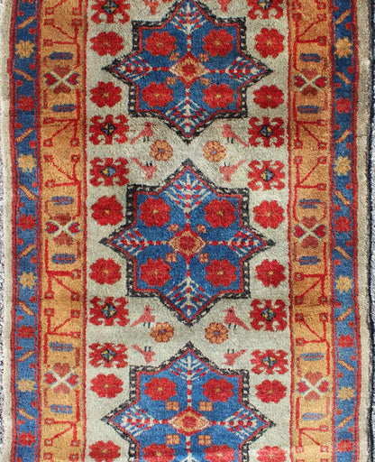 Vintage Turkish Rug with Star Design in light Green, Orange, Red & Blue. Mid century Turkish rug with very fine wool and in excellent condition, Keivan Woven Arts rug/TU - MEV - 3350. This colorful vintage Turkish carpet from the mid 20th century f... - Keivan Woven ArtsTU - MEV - 3350 - 5758Rug
