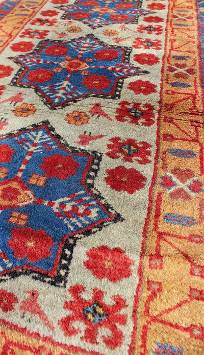 Vintage Turkish Rug with Star Design in light Green, Orange, Red & Blue. Mid century Turkish rug with very fine wool and in excellent condition, Keivan Woven Arts rug/TU - MEV - 3350. This colorful vintage Turkish carpet from the mid 20th century f... - Keivan Woven ArtsTU - MEV - 3350 - 5758Rug