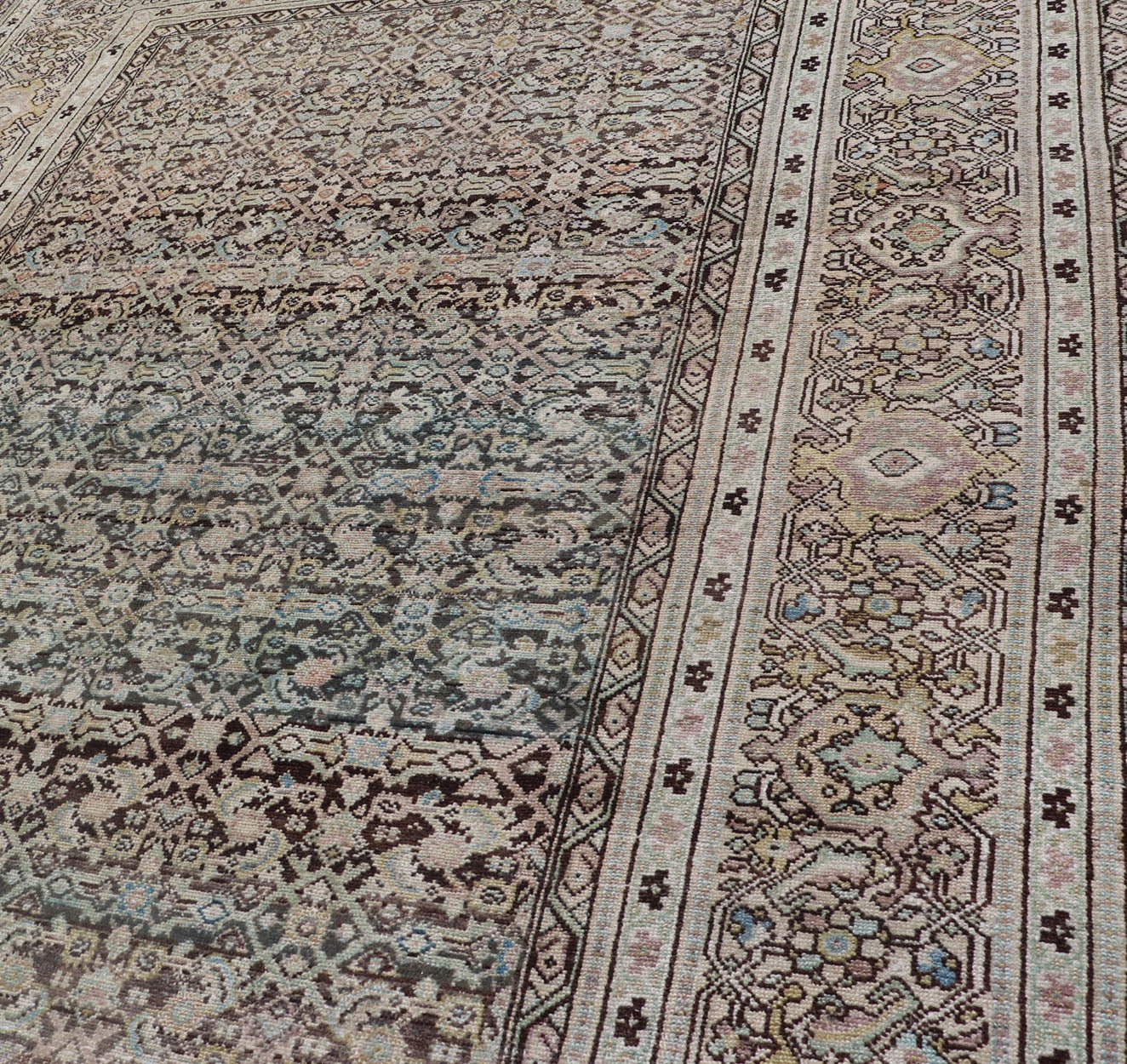 Gallery Persian Malayer All - Over Geometric Design in Lt. Blue, Tan and Green Gallery Persian Malayer with all - over geometric design in gray, brown, blue, tan, green Malayer antique rug from Persia with small - scale geometrics, rug TU - MEV - PM186... - Keivan Woven ArtsTU - MEV - PM186 - 17032