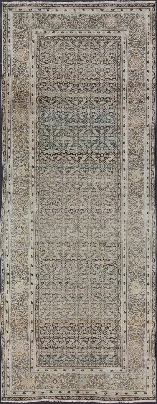 Gallery Persian Malayer All - Over Geometric Design in Lt. Blue, Tan and Green Gallery Persian Malayer with all - over geometric design in gray, brown, blue, tan, green Malayer antique rug from Persia with small - scale geometrics, rug TU - MEV - PM186... - Keivan Woven ArtsTU - MEV - PM186 - 17032