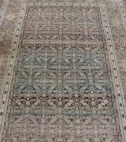 Gallery Persian Malayer All - Over Geometric Design in Lt. Blue, Tan and Green Gallery Persian Malayer with all - over geometric design in gray, brown, blue, tan, green Malayer antique rug from Persia with small - scale geometrics, rug TU - MEV - PM186... - Keivan Woven ArtsTU - MEV - PM186 - 17032