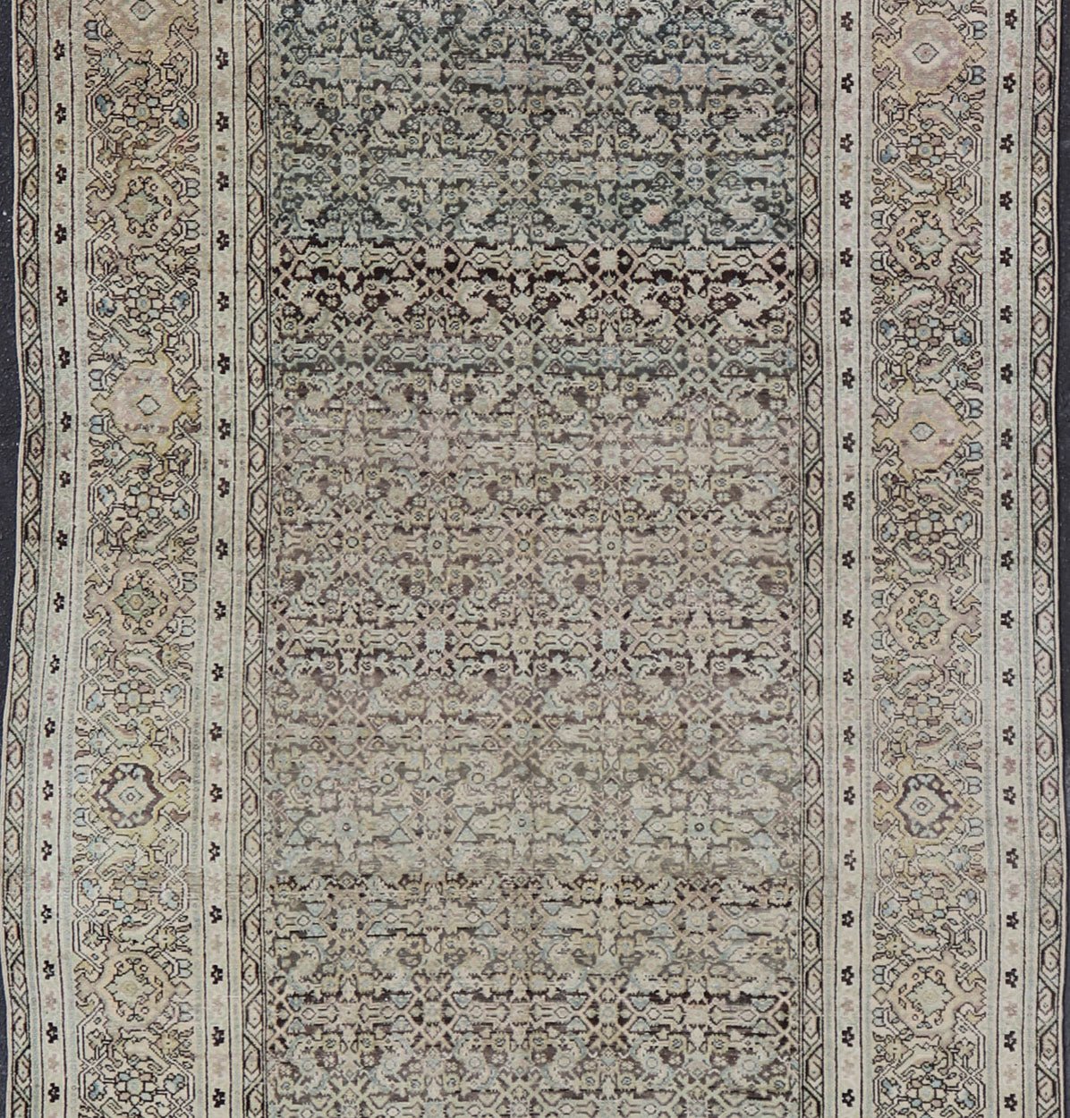 Gallery Persian Malayer All - Over Geometric Design in Lt. Blue, Tan and Green Gallery Persian Malayer with all - over geometric design in gray, brown, blue, tan, green Malayer antique rug from Persia with small - scale geometrics, rug TU - MEV - PM186... - Keivan Woven ArtsTU - MEV - PM186 - 17032Rug