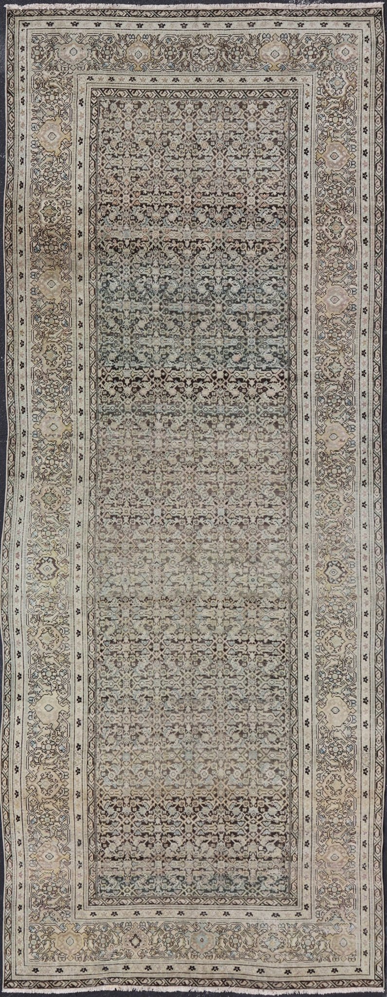 Gallery Persian Malayer All - Over Geometric Design in Lt. Blue, Tan and Green Gallery Persian Malayer with all - over geometric design in gray, brown, blue, tan, green Malayer antique rug from Persia with small - scale geometrics, rug TU - MEV - PM186... - Keivan Woven ArtsTU - MEV - PM186 - 17032Rug