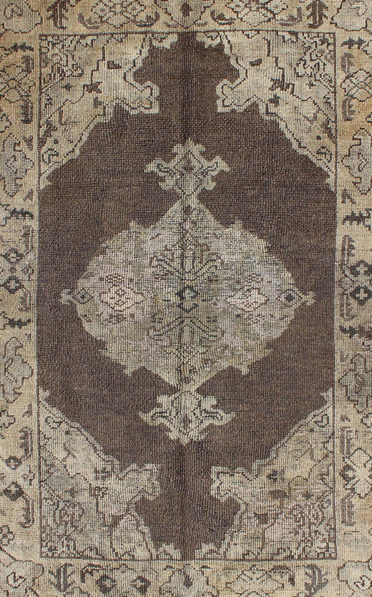 Chocolate Background Vintage Turkish Oushak Rug with Floral Medallion in Cream Chocolate background vintage Turkish Oushak rug with floral medallion in cream, Keivan Woven Arts / rug/TU - MOZ - 08, country of origin / type: Turkey / Oushak, circa mi... - Keivan Woven ArtsTU - MOZ - 08 - 2422Rug