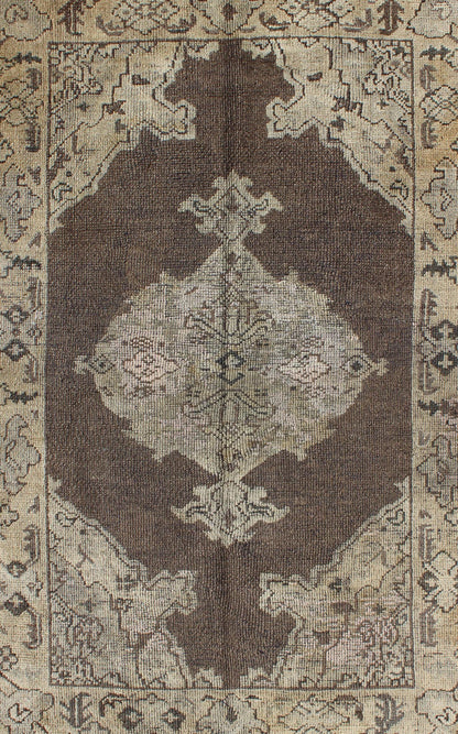 Chocolate Background Vintage Turkish Oushak Rug with Floral Medallion in Cream Chocolate background vintage Turkish Oushak rug with floral medallion in cream, Keivan Woven Arts / rug/TU - MOZ - 08, country of origin / type: Turkey / Oushak, circa mi... - Keivan Woven ArtsTU - MOZ - 08 - 2422Rug