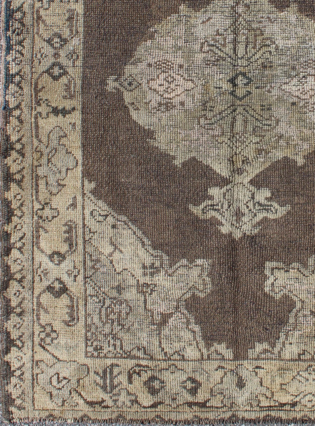 Chocolate Background Vintage Turkish Oushak Rug with Floral Medallion in Cream Chocolate background vintage Turkish Oushak rug with floral medallion in cream, Keivan Woven Arts / rug/TU - MOZ - 08, country of origin / type: Turkey / Oushak, circa mi... - Keivan Woven ArtsTU - MOZ - 08 - 2422Rug