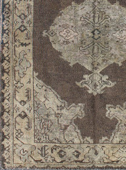 Chocolate Background Vintage Turkish Oushak Rug with Floral Medallion in Cream Chocolate background vintage Turkish Oushak rug with floral medallion in cream, Keivan Woven Arts / rug/TU - MOZ - 08, country of origin / type: Turkey / Oushak, circa mi... - Keivan Woven ArtsTU - MOZ - 08 - 2422Rug