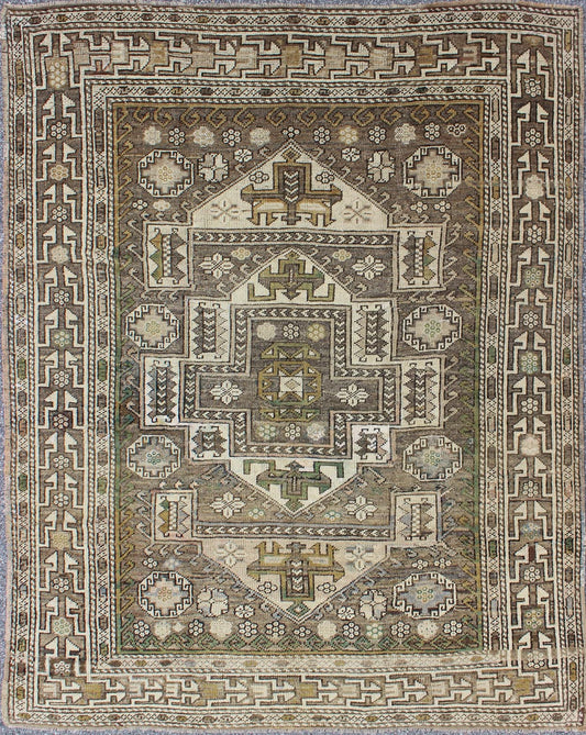 Antique Turkish Oushak Rug with Sub - Geometric Medallion in Green and Brown Antique Turkish Oushak rug with sub - geometric medallion in green and brown, rug moz - 10, country of origin / type: Turkey / Oushak, circa mid - 20th century. This an... - Keivan Woven ArtsTU - MOZ - 10 - 2430Rug