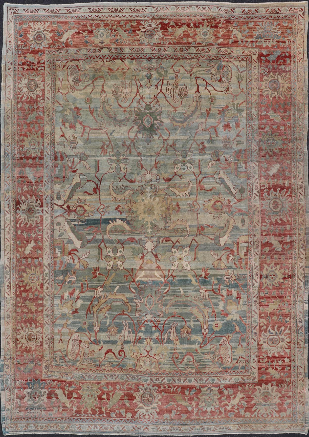 Turkish Vintage Oushak Rug with All Over Design in Variegated Background. Turkish Oushak vintage rug with array of light and medium tones in blue, light green, light teal background with a sub geometric design, rug TU - MSD - 42, country of origin ... - Keivan Woven ArtsTU - MSD - 42 - 6829Rug