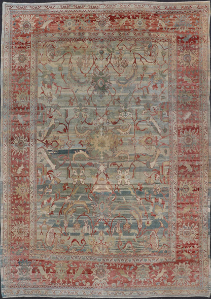 Turkish Vintage Oushak Rug with All Over Design in Variegated Background. Turkish Oushak vintage rug with array of light and medium tones in blue, light green, light teal background with a sub geometric design, rug TU - MSD - 42, country of origin ... - Keivan Woven ArtsTU - MSD - 42 - 6829Rug