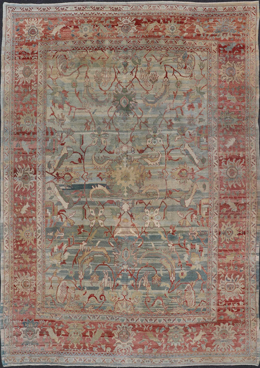 Turkish Vintage Oushak Rug with All Over Design in Variegated Background. Turkish Oushak vintage rug with array of light and medium tones in blue, light green, light teal background with a sub geometric design, rug TU - MSD - 42, country of origin ... - Keivan Woven ArtsTU - MSD - 42 - 6829Rug
