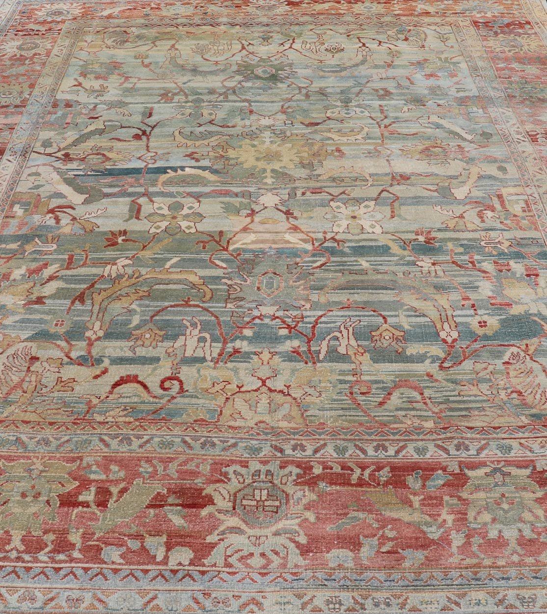 Turkish Vintage Oushak Rug with All Over Design in Variegated Background. Turkish Oushak vintage rug with array of light and medium tones in blue, light green, light teal background with a sub geometric design, rug TU - MSD - 42, country of origin ... - Keivan Woven ArtsTU - MSD - 42 - 6829Rug
