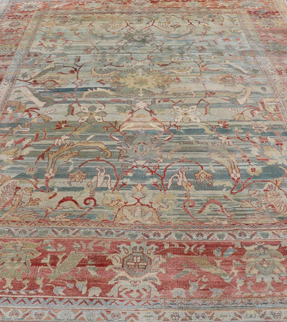 Turkish Vintage Oushak Rug with All Over Design in Variegated Background. Turkish Oushak vintage rug with array of light and medium tones in blue, light green, light teal background with a sub geometric design, rug TU - MSD - 42, country of origin ... - Keivan Woven ArtsTU - MSD - 42 - 6829Rug
