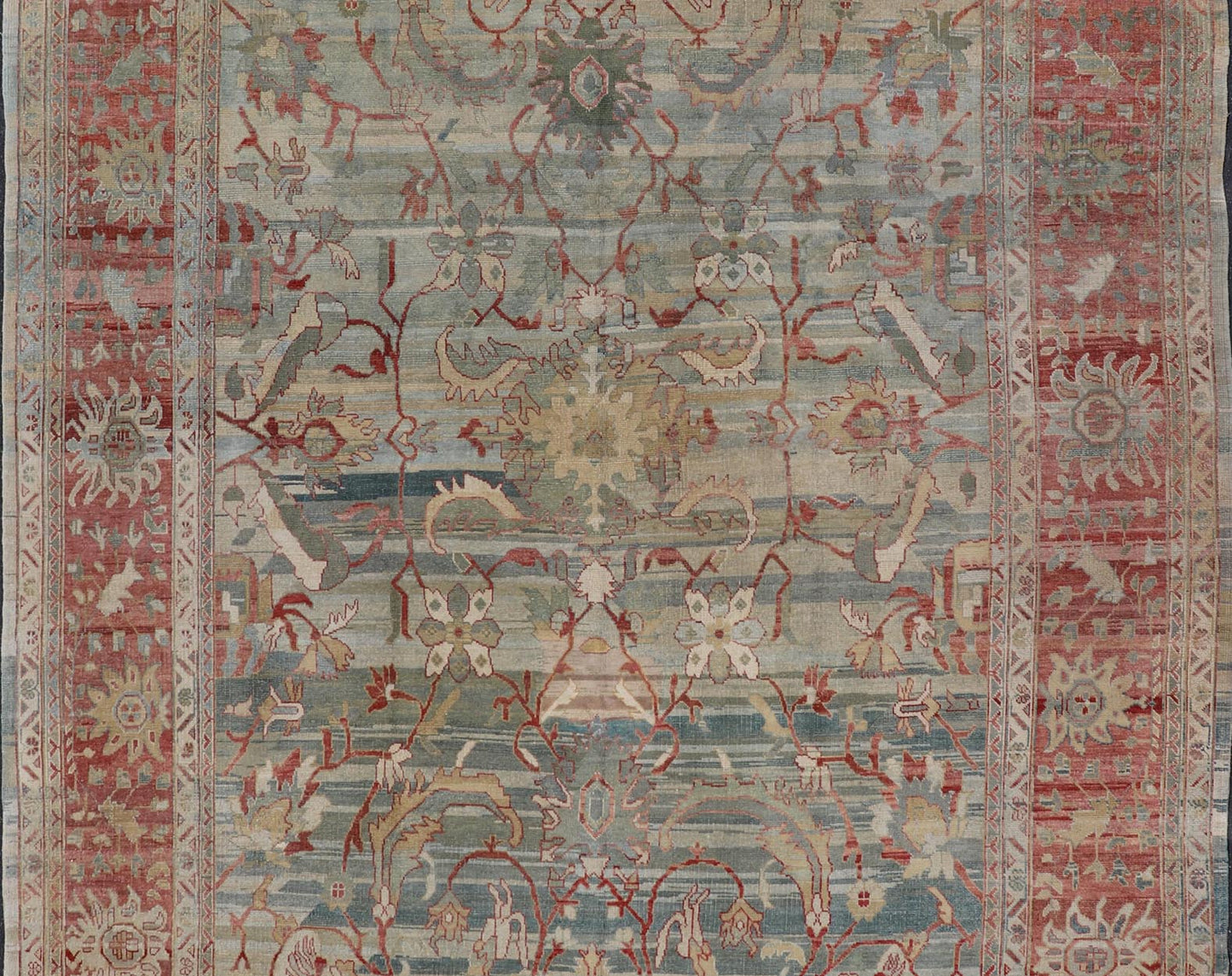 Turkish Vintage Oushak Rug with All Over Design in Variegated Background. Turkish Oushak vintage rug with array of light and medium tones in blue, light green, light teal background with a sub geometric design, rug TU - MSD - 42, country of origin ... - Keivan Woven ArtsTU - MSD - 42 - 6829Rug