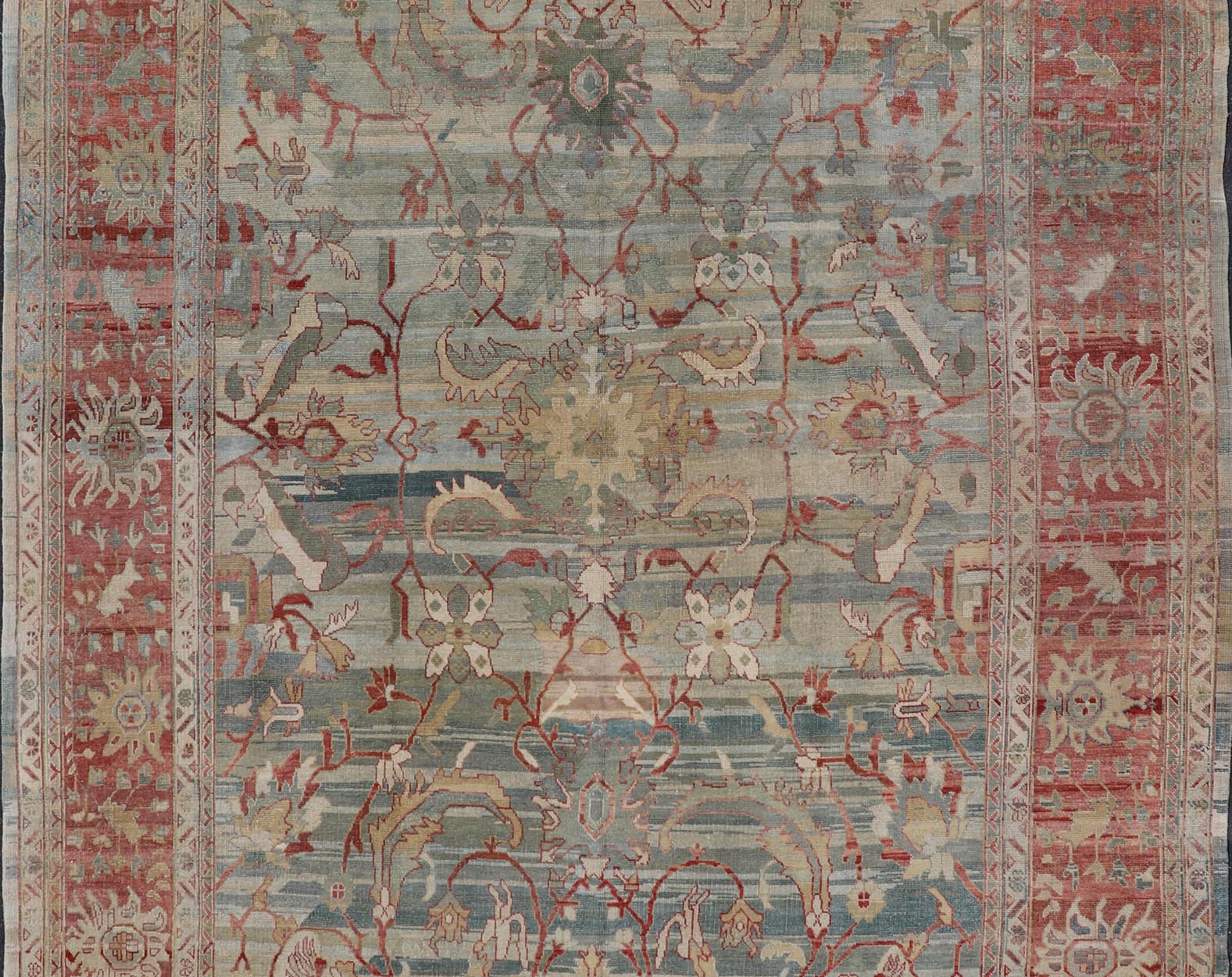 Turkish Vintage Oushak Rug with All Over Design in Variegated Background. Turkish Oushak vintage rug with array of light and medium tones in blue, light green, light teal background with a sub geometric design, rug TU - MSD - 42, country of origin ... - Keivan Woven ArtsTU - MSD - 42 - 6829Rug