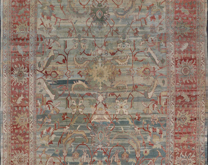 Turkish Vintage Oushak Rug with All Over Design in Variegated Background. Turkish Oushak vintage rug with array of light and medium tones in blue, light green, light teal background with a sub geometric design, rug TU - MSD - 42, country of origin ... - Keivan Woven ArtsTU - MSD - 42 - 6829Rug
