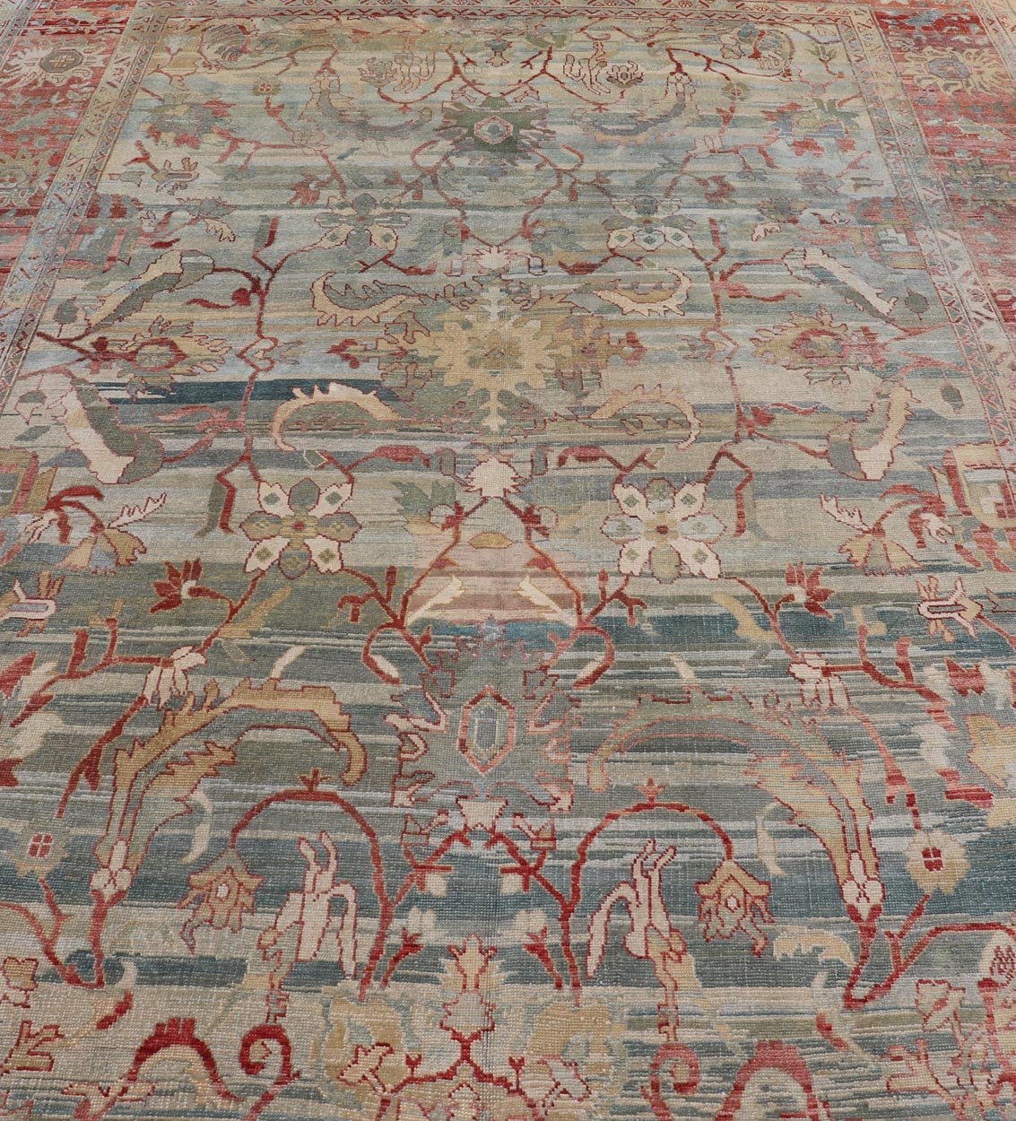 Turkish Vintage Oushak Rug with All Over Design in Variegated Background. Turkish Oushak vintage rug with array of light and medium tones in blue, light green, light teal background with a sub geometric design, rug TU - MSD - 42, country of origin ... - Keivan Woven ArtsTU - MSD - 42 - 6829Rug