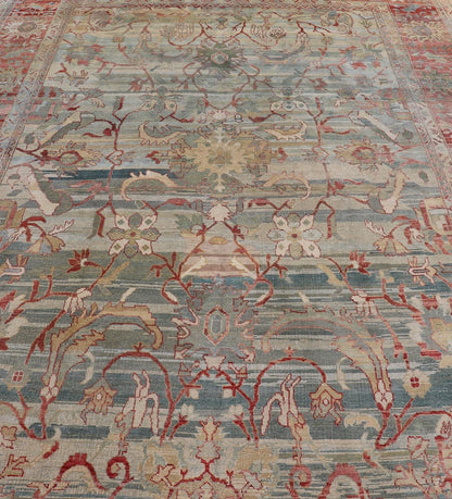 Turkish Vintage Oushak Rug with All Over Design in Variegated Background. Turkish Oushak vintage rug with array of light and medium tones in blue, light green, light teal background with a sub geometric design, rug TU - MSD - 42, country of origin ... - Keivan Woven ArtsTU - MSD - 42 - 6829Rug
