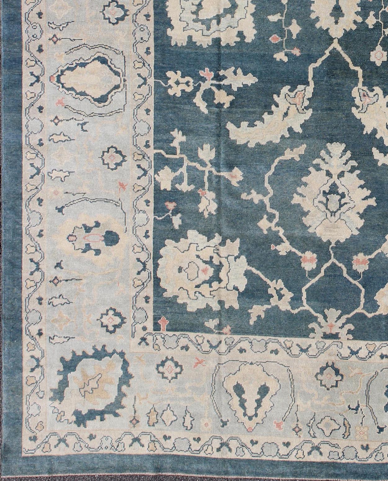 Large Turkish Oushak Rug with Dark Teal Blue Background & Ice Blue Border. Turkish large Oushak rug with large flower design in Teal Blue , ice blue/ gray and accent colors of coral and butter. Turkish Oushak all - over floral design, rug TU... - Keivan Woven ArtsTU - MSD - 43 - 6833Rug