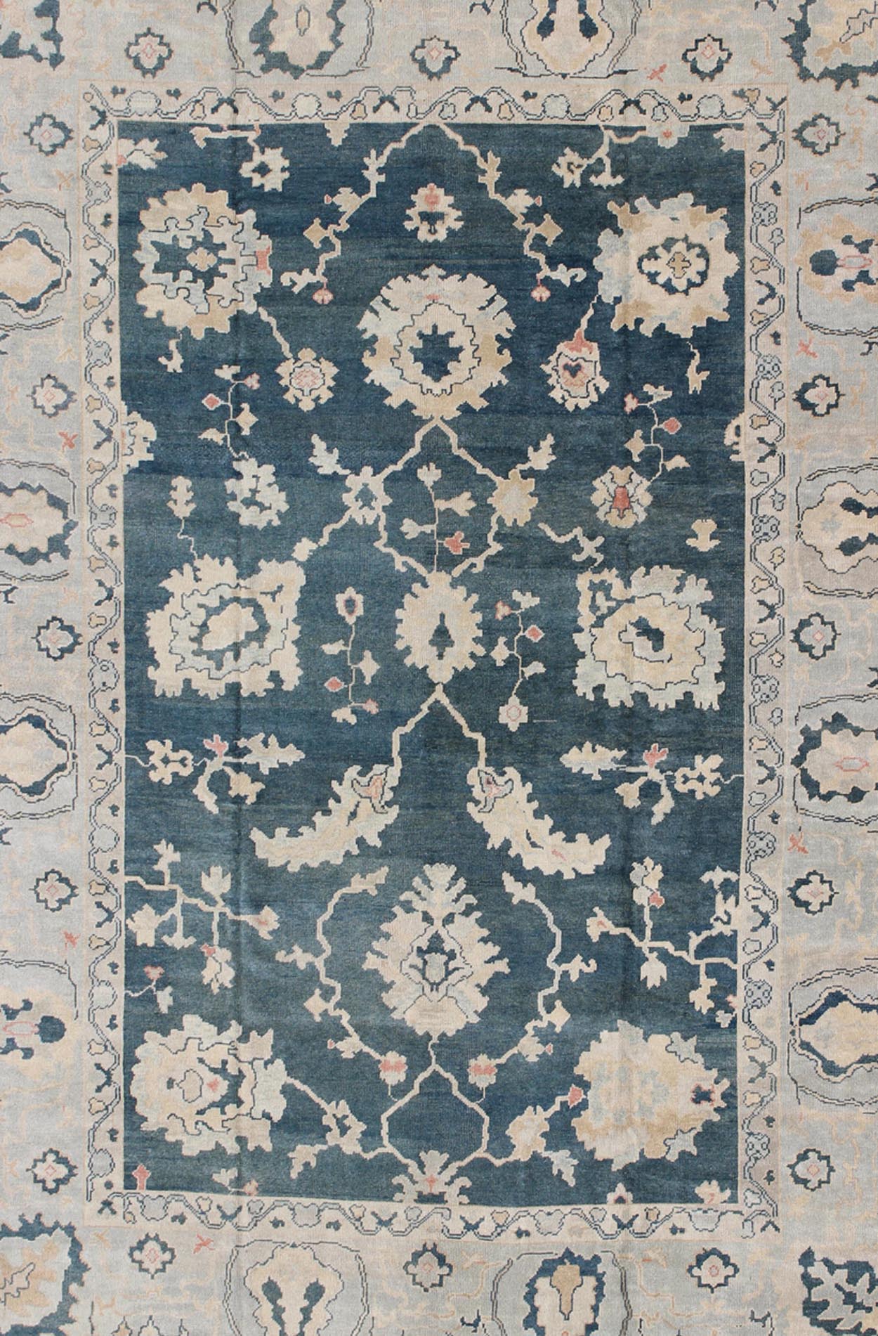 Large Turkish Oushak Rug with Dark Teal Blue Background & Ice Blue Border. Turkish large Oushak rug with large flower design in Teal Blue , ice blue/ gray and accent colors of coral and butter. Turkish Oushak all - over floral design, rug TU... - Keivan Woven ArtsTU - MSD - 43 - 6833Rug